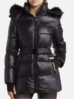 Michael Kors Black Quilted Belted Puffer Coat with Faux Fur Hood